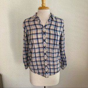 Joie Long sleeve top button down roll up sleeves cotton plaid preppy